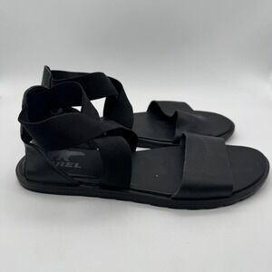 Sorel Ella II Sandals Black Leather Elastic Strap‎ - Women's Size 8